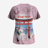 Japanese Torii Gate Cranes Personalised Scrub Top Fuji Mount Sakura Seigaiha Pattern LT14 - Polynesian Pride