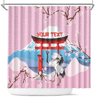 Japanese Torii Gate Cranes Personalised Shower Curtain Fuji Mount Sakura Seigaiha Pattern LT14 Pink - Polynesian Pride