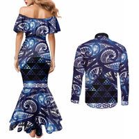 Matariki New Zealand Couples Matching Mermaid Dress and Long Sleeve Button Shirt NZ Niho Taniwha Maori New Year Blue Galaxy