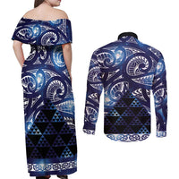 Matariki New Zealand Couples Matching Off Shoulder Maxi Dress and Long Sleeve Button Shirt NZ Niho Taniwha Maori New Year Blue Galaxy