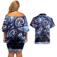 Matariki New Zealand Couples Matching Off Shoulder Short Dress and Hawaiian Shirt NZ Niho Taniwha Maori New Year Blue Galaxy