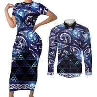 Matariki New Zealand Couples Matching Short Sleeve Bodycon Dress and Long Sleeve Button Shirt NZ Niho Taniwha Maori New Year Blue Galaxy