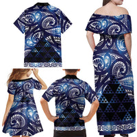 Matariki New Zealand Family Matching Off Shoulder Maxi Dress and Hawaiian Shirt NZ Niho Taniwha Maori New Year Blue Galaxy