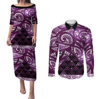 Matariki New Zealand Couples Matching Puletasi and Long Sleeve Button Shirt NZ Niho Taniwha Maori New Year Purple Galaxy
