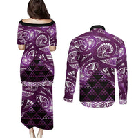 Matariki New Zealand Couples Matching Puletasi and Long Sleeve Button Shirt NZ Niho Taniwha Maori New Year Purple Galaxy