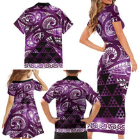Matariki New Zealand Family Matching Short Sleeve Bodycon Dress and Hawaiian Shirt NZ Niho Taniwha Maori New Year Purple Galaxy