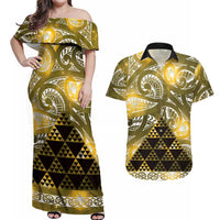 Matariki New Zealand Couples Matching Off Shoulder Maxi Dress and Hawaiian Shirt NZ Niho Taniwha Maori New Year Yellow Galaxy