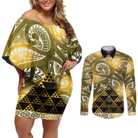 Matariki New Zealand Couples Matching Off Shoulder Short Dress and Long Sleeve Button Shirt NZ Niho Taniwha Maori New Year Yellow Galaxy