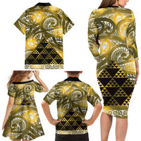 Matariki New Zealand Family Matching Long Sleeve Bodycon Dress and Hawaiian Shirt NZ Niho Taniwha Maori New Year Yellow Galaxy