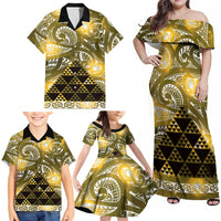 Matariki New Zealand Family Matching Off Shoulder Maxi Dress and Hawaiian Shirt NZ Niho Taniwha Maori New Year Yellow Galaxy