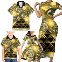 Matariki New Zealand Family Matching Short Sleeve Bodycon Dress and Hawaiian Shirt NZ Niho Taniwha Maori New Year Yellow Galaxy