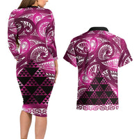 Matariki New Zealand Couples Matching Long Sleeve Bodycon Dress and Hawaiian Shirt NZ Niho Taniwha Maori New Year Pink Galaxy