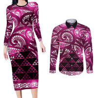 Matariki New Zealand Couples Matching Long Sleeve Bodycon Dress and Long Sleeve Button Shirt NZ Niho Taniwha Maori New Year Pink Galaxy