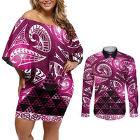 Matariki New Zealand Couples Matching Off Shoulder Short Dress and Long Sleeve Button Shirt NZ Niho Taniwha Maori New Year Pink Galaxy