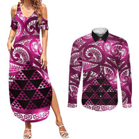 Matariki New Zealand Couples Matching Summer Maxi Dress and Long Sleeve Button Shirt NZ Niho Taniwha Maori New Year Pink Galaxy