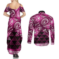 Matariki New Zealand Couples Matching Summer Maxi Dress and Long Sleeve Button Shirt NZ Niho Taniwha Maori New Year Pink Galaxy