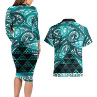 Matariki New Zealand Couples Matching Long Sleeve Bodycon Dress and Hawaiian Shirt NZ Niho Taniwha Maori New Year Cyan Galaxy