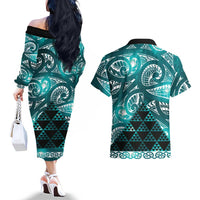 Matariki New Zealand Couples Matching Off The Shoulder Long Sleeve Dress and Hawaiian Shirt NZ Niho Taniwha Maori New Year Cyan Galaxy