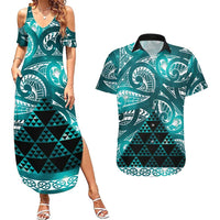 Matariki New Zealand Couples Matching Summer Maxi Dress and Hawaiian Shirt NZ Niho Taniwha Maori New Year Cyan Galaxy