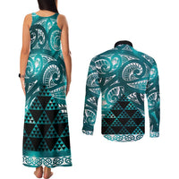 Matariki New Zealand Couples Matching Tank Maxi Dress and Long Sleeve Button Shirt NZ Niho Taniwha Maori New Year Cyan Galaxy