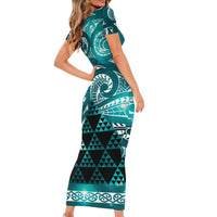 Matariki New Zealand Family Matching Short Sleeve Bodycon Dress and Hawaiian Shirt NZ Niho Taniwha Maori New Year Cyan Galaxy