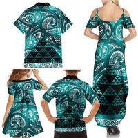 Matariki New Zealand Family Matching Summer Maxi Dress and Hawaiian Shirt NZ Niho Taniwha Maori New Year Cyan Galaxy