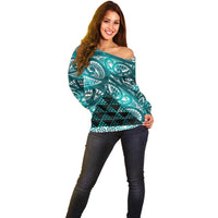 Matariki New Zealand Off Shoulder Sweater NZ Niho Taniwha Maori New Year Cyan Galaxy LT14 - Polynesian Pride