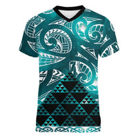 Matariki New Zealand Women V-Neck T-Shirt NZ Niho Taniwha Maori New Year Cyan Galaxy