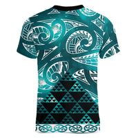 Matariki New Zealand Women V-Neck T-Shirt NZ Niho Taniwha Maori New Year Cyan Galaxy