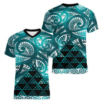 Matariki New Zealand Women V-Neck T-Shirt NZ Niho Taniwha Maori New Year Cyan Galaxy