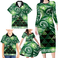 Matariki New Zealand Family Matching Long Sleeve Bodycon Dress and Hawaiian Shirt NZ Niho Taniwha Maori New Year Green Galaxy