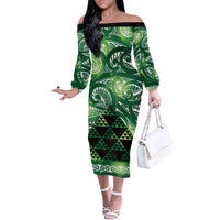 Matariki New Zealand Family Matching Off The Shoulder Long Sleeve Dress and Hawaiian Shirt NZ Niho Taniwha Maori New Year Green Galaxy