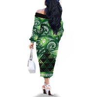 Matariki New Zealand Family Matching Off The Shoulder Long Sleeve Dress and Hawaiian Shirt NZ Niho Taniwha Maori New Year Green Galaxy