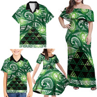 Matariki New Zealand Family Matching Off Shoulder Maxi Dress and Hawaiian Shirt NZ Niho Taniwha Maori New Year Green Galaxy