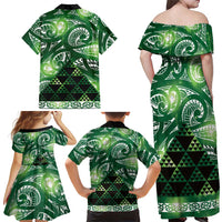 Matariki New Zealand Family Matching Off Shoulder Maxi Dress and Hawaiian Shirt NZ Niho Taniwha Maori New Year Green Galaxy