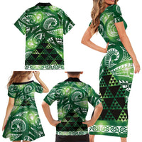 Matariki New Zealand Family Matching Short Sleeve Bodycon Dress and Hawaiian Shirt NZ Niho Taniwha Maori New Year Green Galaxy