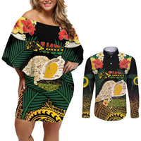 Vanuatu Triton's Trumpet Couples Matching Off Shoulder Short Dress and Long Sleeve Button Shirt Tropical Flowers Vanuatuan Map LT14 Black - Polynesian Pride
