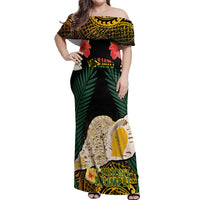 Vanuatu Triton's Trumpet Off Shoulder Maxi Dress Tropical Flowers Vanuatuan Map LT14 Women Black - Polynesian Pride