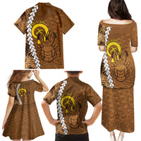 Vanuatu Coconut Crab Family Matching Puletasi and Hawaiian Shirt Ni-Van Tropical Leaves With Sand Drawing Art