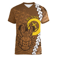 Vanuatu Coconut Crab Women V-Neck T-Shirt Ni-Van Tropical Leaves With Sand Drawing Art