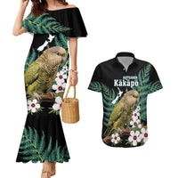 Personalised New Zealand Kakapo Couples Matching Mermaid Dress and Hawaiian Shirt Aotearoa Fern With Manuka LT14 Black - Polynesian Pride