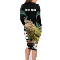 Personalised New Zealand Kakapo Family Matching Long Sleeve Bodycon Dress and Hawaiian Shirt Aotearoa Fern With Manuka