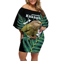 Personalised New Zealand Kakapo Off Shoulder Short Dress Aotearoa Fern With Manuka LT14 Women Black - Polynesian Pride