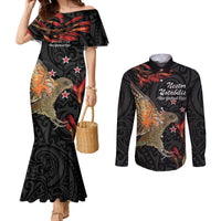 Personalised New Zealand Kea Couples Matching Mermaid Dress and Long Sleeve Button Shirt Nestor Notabilis With Harakeke Maori Pattern