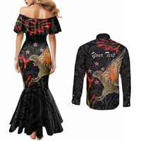 Personalised New Zealand Kea Couples Matching Mermaid Dress and Long Sleeve Button Shirt Nestor Notabilis With Harakeke Maori Pattern