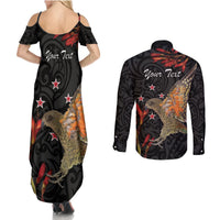 Personalised New Zealand Kea Couples Matching Summer Maxi Dress and Long Sleeve Button Shirt Nestor Notabilis With Harakeke Maori Pattern LT14 - Polynesian Pride