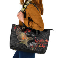 Personalised New Zealand Kea Leather Tote Bag Nestor Notabilis With Harakeke Maori Pattern LT14 Black - Polynesian Pride