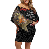 Personalised New Zealand Kea Off Shoulder Short Dress Nestor Notabilis With Harakeke Maori Pattern LT14 Women Black - Polynesian Pride