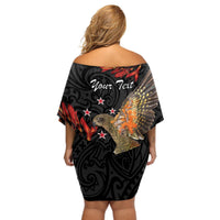 Personalised New Zealand Kea Off Shoulder Short Dress Nestor Notabilis With Harakeke Maori Pattern LT14 - Polynesian Pride