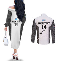 Custom Fiji Tapa Rugby Couples Matching Off The Shoulder Long Sleeve Dress and Long Sleeve Button Shirt Flying Fijian Black And White Version